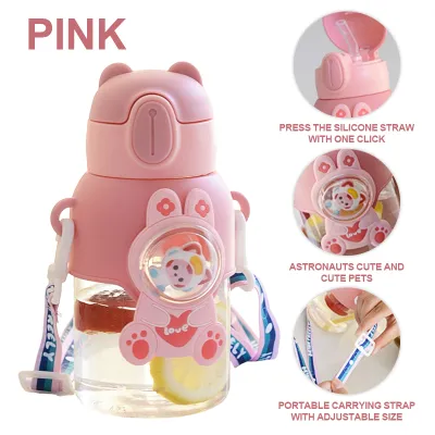 600ml Children Water Cup Straw Cup Cartoon Leak Proof Kids Sippy Cup Portable with Strap Water Bottle Tumbler MY388