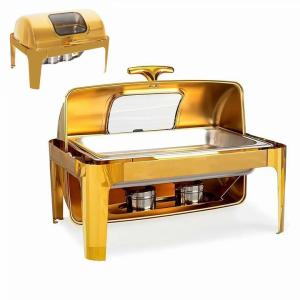 9 Liters Gold Roll Top Rectangular Stainless Steel Chafing Dish Buffet servers Set and Warmers Set Warming Tray Glass Window chafing dish serving for hotel and restaurants needs for catering serving