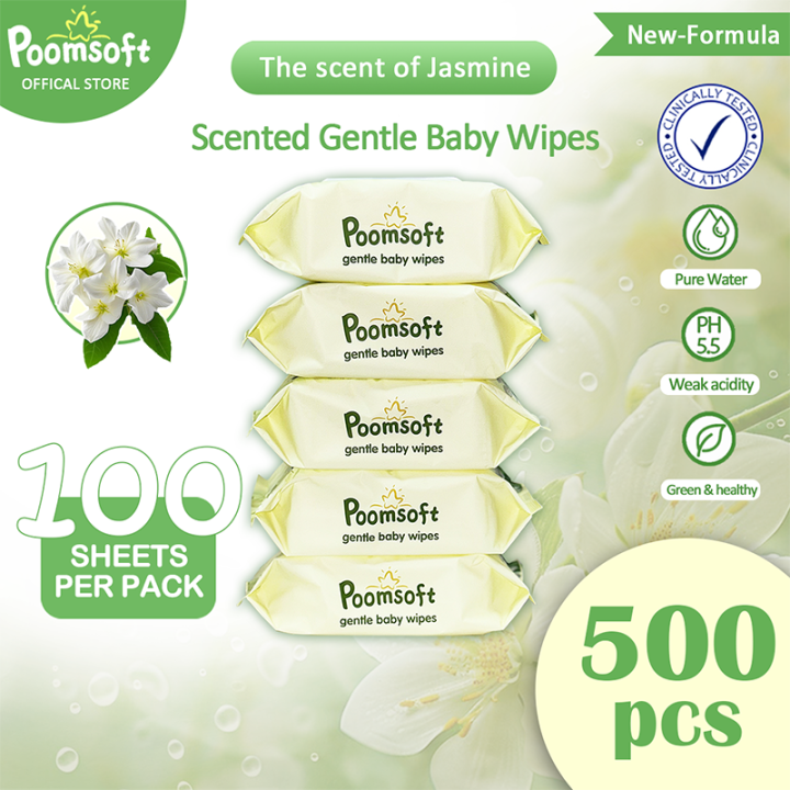 Poomsoft 5 Packs x 100 Pcs Jasmine Scented Baby Wipes Alcohol Free Baby