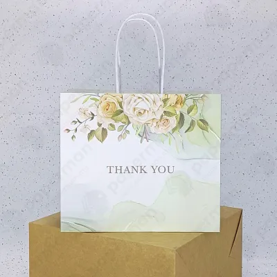 Store Age [50pcs] Love Floral Flower Printed Thank You Bag with 120gsm Japan Paper Wedding Bag - Size M [READY STOCK]