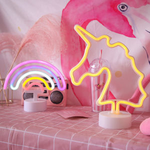 LED Rainbow Neon Light Colorful Unicorn Night Light Christmas Bedroom Decoration Ins Style Light Photo Layout Table Lamp Battery +USB Power