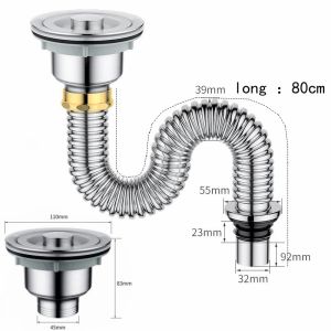 Kitchen Sewer Pipe Sink Drain Pipe 304 Stainless Steel Kitchen Drain Pipe Extended