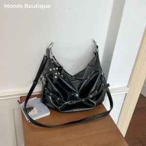 MOODS Biker Style Shoulder Hobo Bags For Women Soft PU Leather Large Capacity Shopper Totes Rivets Decor Fashion Cross Body Bag2026