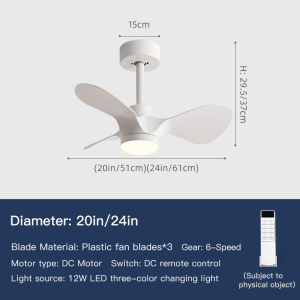 20 24 Inch Ceiling Fan 3 Blades Boom Industrial ABS Ventilator With Variable Light Remote Control for Home Office Decoration
