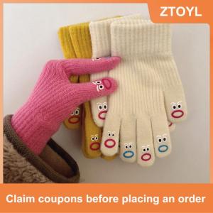 【ZTOYL】 1 đôi phụ nữ hài hước biểu hiện trên khuôn mặt găng tay dệt kim đầy đủ ngón tay Găng tay mềm Crochet găng tay hoạt hình biểu hiện lái xe găng tay