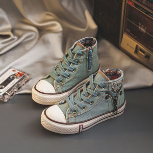 Denim Canvas Shoes for Kids Girls 2022 Autunm and Winter New Fashion Side Zipper Casual High Top Skate Shoes Boy Soft Sole Non-slip Walking Shoes for Big Kids Girls