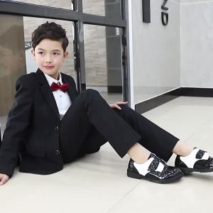 Childrens leather shoes black and white school student performance shoes Korean-style British casual lace-up small leather shoes