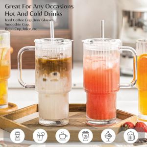 26oz/768ML Glass Water Cup Drink Mug with Straw and Lid Juice Milk Tea Coffee Cold