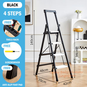 Alloy Black Ladder 4/5/6 Steps Foldable Household Anti-slip Aluminium Pedal BTO Indoor Space Saving/Fireheart Warrior