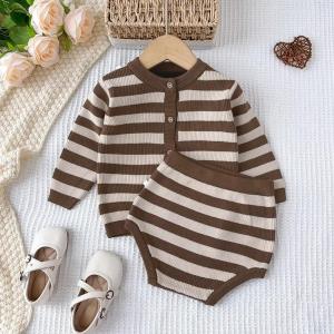 Gấu Lãnh Đạo bé gái tập đi Và quần áo bé trai Thiết Lập Mùa Thu Sọc Duy Nhất Dưới Coat Và Ngắn 2 Pcs Cho Bé quần áo dệt kim Hàn Quốc Trang Phục 6-24 Tháng