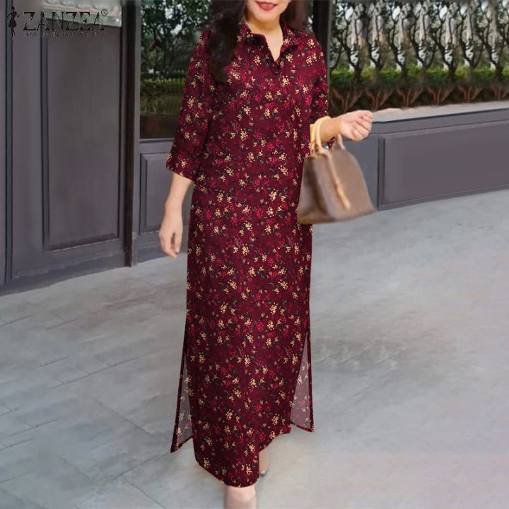 Celmia ZANZEA Women Holiday Casual 3/4 Sleeve Dress Floral Print  Turn-Down-Collar Casual Dresses #1125 | Lazada PH