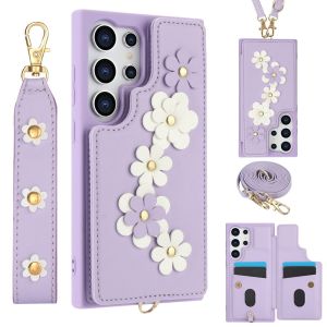 PU Leather Case for Samsung Galaxy S22 S23 S24 Plus Ultra Cover S23 FE Casing Flower Design With Lanyards