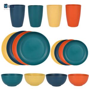Ueblock✈ 16Pcs Unbreakable Dinnerware Set Reusable Lightweight Dish Cup Bowl Set Multi-Purpose Outdoor Tableware Set for People