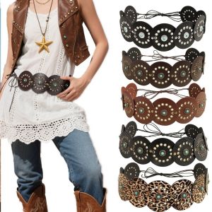 MOLISAN หนัง PU สายรัดเอวกว้างสำหรับผู้หญิง ทัวร์คอร์ส ปังค์ ชุดเดรส กางเกงยีนส์ เข็มขัด หลากหลาย ปี 2000 สายรัดเอวแบบหมุด แฟชั่นสตรีท