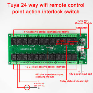 Tuya smart or Smart Life App 24-way WiFi/Zigbee intelligent remote control relay module 10A 2200W WiFi+RF 433Mhz Relay Module Switch Autogate Remote type-C 5V+DC7-27V 12V 24V works with Google Home Assistant Alex  Support external switch control