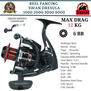 Reel Pancing Swan Dresula 1000 2000 3000 6 Ball Bearing Spinning Spool Besi Putaran Halus One Way Murah Dan Kuat Promo COD - Anton Pancing