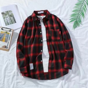 Plaid long sleeves polo shirts for women casual checkered Blouse Oversize Womens Loose Korean Retro Shirt