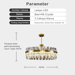 Lampu Gantung Kristal K9 Cahaya Mewah 3 Warna Led Bulat Panjang Chandelier Lampu ruang tamu/lampu dapur/lampu kamar tidur/lampu kamar