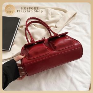 【HRFS】 Retro Shoulder Handbags Double Pocket PU Leather Top-handle Bags Fashion Solid Designer Armpit Bag Casual Zipper Portable Ladies Purses