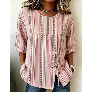 Retro Striped Womens Shirt Linen Shirt OverSized Three-quarter Sleeve Top Loose Drawstring Clothing