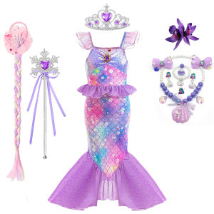 Purple Mermaid Princess Dresses For Girls Fish Patterned Printing Fishtail Costume Halloween Carnival Party Clothes Elegant Gown