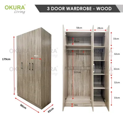 OKURA 3 Door + 2 Drawer Wardrobe Cupboard Storage Cabinet Almari Baju