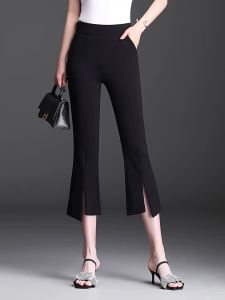 Fashion Simple Versatile Seven Point Split Flared Pants Women Solid Elastic High Waist Pocket Summer Suit Straight Trousers