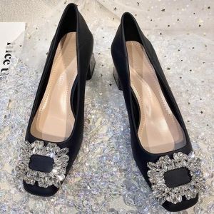 Free Shipping Versatile Soft Leather Shallow-Mouth Elegant Mid-Heel Shoes For Women New Autumn Fashion Rhinestone Square-Toe Chunky Heel Flats