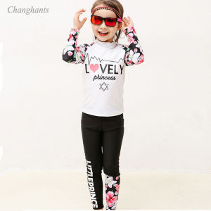 2-10 Y Children Long Sleeve Swimming Suit Rash Guards for Kids Swimming Outfit for Girls with Swim Cap White or Black with Flowers Pattern Two Pieces Swimwear for Baby