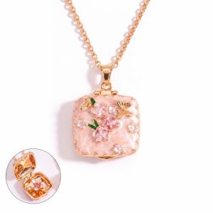 VGMJ Floral Butterfly Square Locket Necklace Colorful Vintage Enamel Pendant Necklace Stackable Dainty Openable Box Chain Women