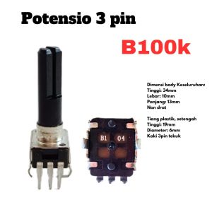 Potensio 3 pin B100k Mono Kaki 3 Tekuk Segi Hitam 104