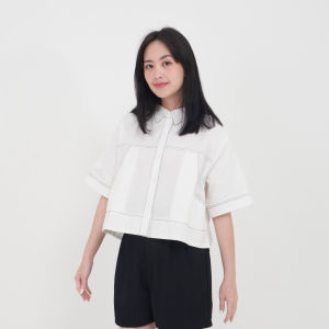 QUEENTIN Kemeja Pocket Crop Wanita 0686 Katun Poplin Polos Lengan Pendek