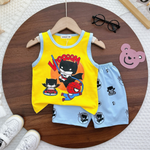 Bộ Quần Áo Trẻ Em Ba Lỗ NATUCO Vải Cotton Lụa Cho Bé Trai 8-27kg In Hình Siêu Nhân Người Sắt Người Dơi BL-IN70