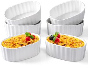 DAFIFY 4pcs Porcelain Ramekins Bowls for Baking Creme Bruleen Souffle Dessert Snacks Quiche Custard Pudding Dish Ceramic Bakeware Dishes
