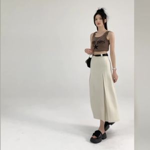 Ammin2024 xuân hè gió Đại Học eo cao bìa làm thon eo vừa màu xám dài draped phù hợp với váy xếp ly phụ nữ phong cách Hàn Quốc thắt lưng cạp cao eo cao A-line thanh lịch đi lại váy