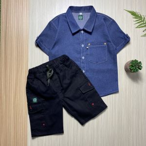 Setelan Anak Laki Laki Kemeja Jeans Celana Cargo Pendek 4 5 6 7 8 9 10 11 12 Tahun