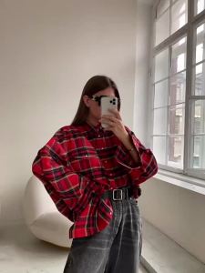 FSMG-Versatile Plaid Shirt For Women Red Bright Grid Oversized Blouse Leisure And Fashionable Top Spring And Autumn Seasons2026