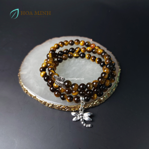 Vòng tay phong thủy đá Mắt Hổ Vàng Nâu 6 li quấn 3 vòng mix Charm Bướm Hợp Mệnh Kim Thổ | Hoa Minh Gem