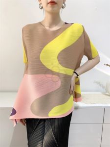 ❁☎▲ Aiden001 Average Size Summer Irregular Folds Solid Color Short-Sleeved Top Digital Printing T-Shirt Toothpick Pleats S-301