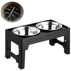 Adjustable Elevated Dog Bowl Stand With Slow Feeders And 2 Stainless Steel Dishes For Most Dog Size