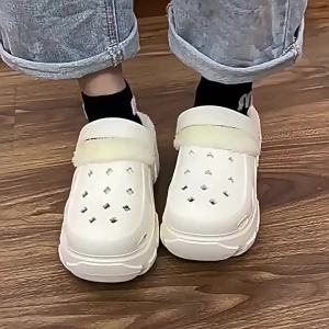 [Free Shipping] Winter Plush-Lined Clogs With Detachable Parts For Women Autumn And Winter High-Heeled Cute Student Non-Slip Cotton Slippers With Plush Lining