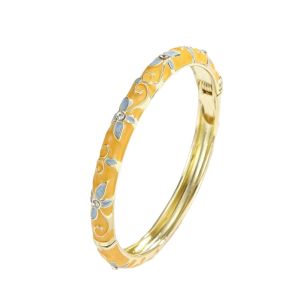 K10SEQ Màu vàng Vòng tay men sứ Bản lề lò xo Đã được khoét rỗng Vòng tay hoa Retro Đính đá Zircon Vòng tay Cloisonne Dành cho phụ nữ