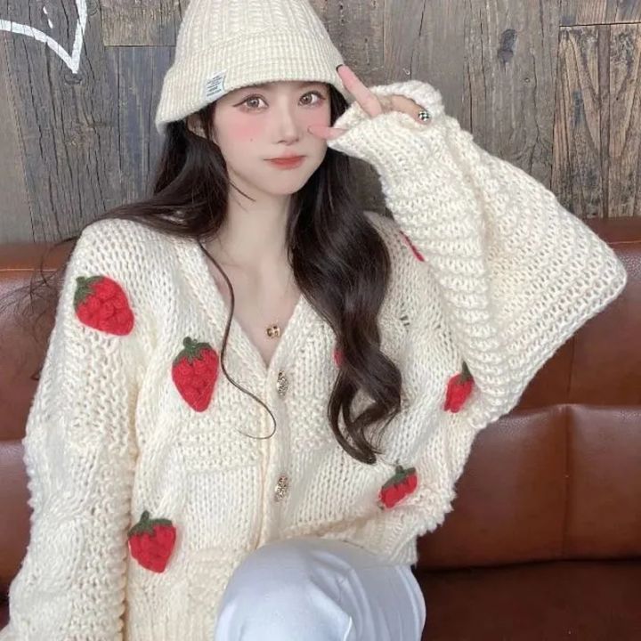 Kawaii Lady Sweater Jumper Pullover Cute Strawberry Loose Knitted