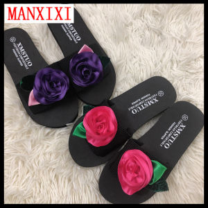 MANXIXI Beautiful 1.18 Inches Wedge Sandals Rose Flowers Inlay Rubber Sole Sturdy Flat Slippers For Women (Size 35-40)