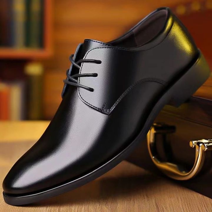 Men Business Dress Leather Shoes Lace Black Pointed Toe Leisure Genuine  Leather Shoes Breathable Soft Sole Invisible Elevated Anti Slip Formal  Shoes