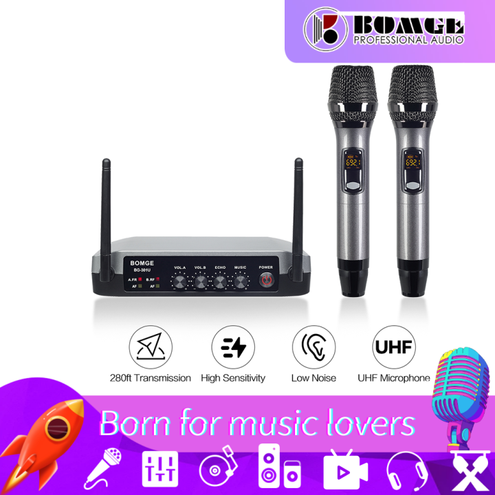 BOMGE Wireless Microphone System, Pro 4-Channel Cordless Mic Set with Four Handheld Mics, Fixed Frequency, Long Range 200ft, Ideal for Chu(並行輸入品) BOMGE uhf metal dual handheld wireless microphones \u0026 systems for