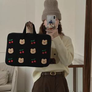 Dung tích lớn Gấu Anh Đào nhung kẻ phong cách Hàn Quốc Túi đựng máy tính xách tay túi bên trong chống sốc thích hợp cho 13.3 14.1 15.6 inch