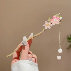 Jepit Rambut Korea 17.7cm Bahan Alloy Ritme Kuno Peach Blossom Rumbai Tusuk Konde Logam TKAJ001
