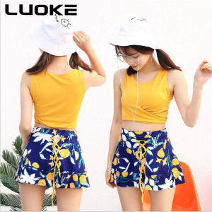 Luokeชุดว่ายน้ำช้อปปิ้งฟรีสองทาง3pscเพื่อสวมใส่กระโปรงผ่ากางเกงว่ายน้ำสีแดงและสีเหลืองInsชุดว่ายน้ำผู้หญิงในสต็อก