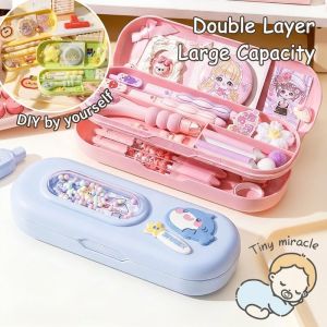 Cartoon Double Layer Pencil Box Large Capacity Plastic School Organizer For Kids Decorative Case
